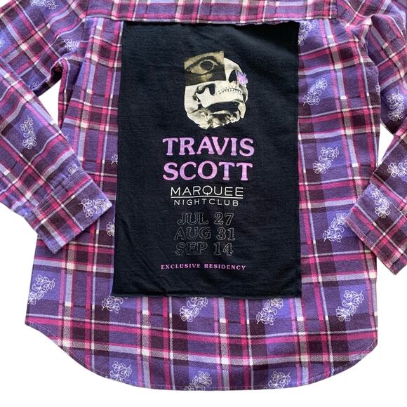 Via Penny Lane Reworked | Travis Scott Graphic Purple Plaid Button Up Flannel M - Picture 8 of 9